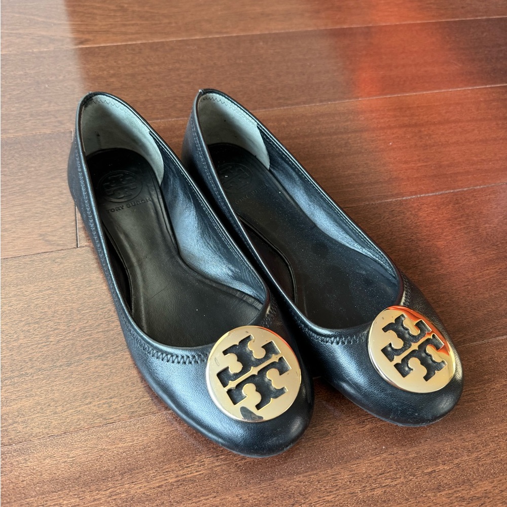 Tory Burch Women’s Black Flats with Gold Logo